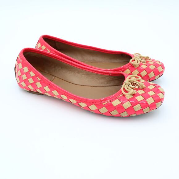Tory Burch Ballet Flats Womens Size 6 Red Patent Raffia Check Bow Slip On Shoes - Picture 1 of 9